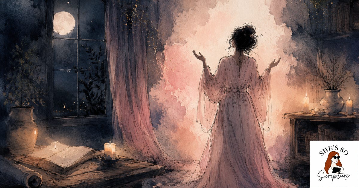 Watercolor fashion illustration of a woman standing alone in a dimly lit room, hands lifted, surrounded by deep shadow and soft candlelight, blush pink and indigo tones.