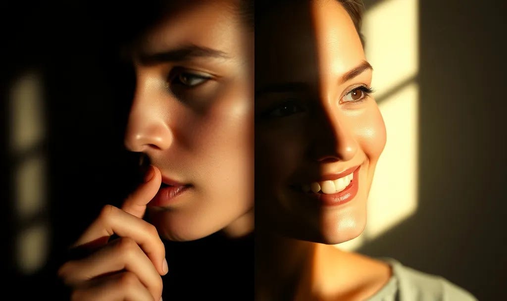 A split-face or diptych-style image: one half shadowed/silent (person with finger to lips or looking away), the other half illuminated/open (same person speaking or smiling softly toward the light). Symbolizes the internal divide between holding back and revealing. A split-face or diptych-style image: one half shadowed/silent (person with finger to lips or looking away), the other half illuminated/open (same person speaking or smiling softly toward the light). Symbolizes the internal divide between holding back and revealing.