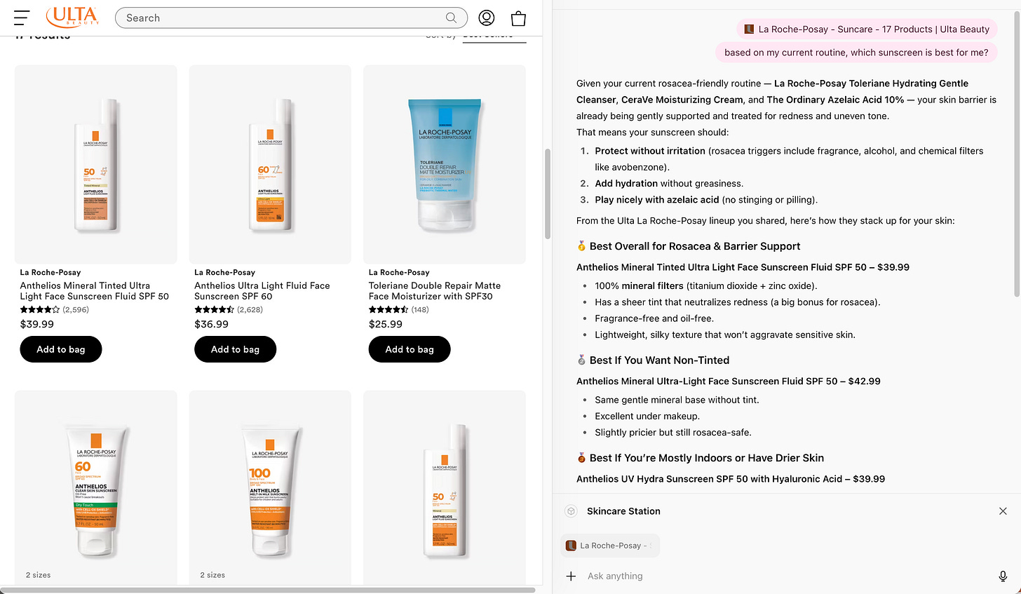 Screenshot of TechTiff using the ChatGPT Atlas browser to compare mineral sunscreens on Ulta’s website. The left side shows product listings, while the right side displays an AI-generated analysis from the Skincare Station Project, highlighting the best options for rosacea and barrier support.