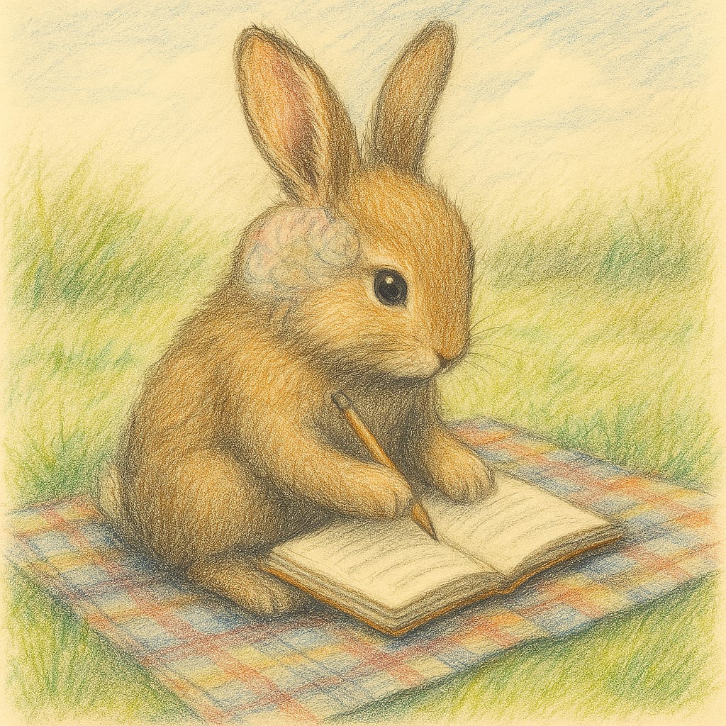Colored pencil drawing of an anthropomorphic rabbit sitting on a checkered picnic blanket in a sunlit meadow, writing in a journal. The rabbit’s fur is golden brown, and a pastel-colored brain is subtly visible through its head. The scene evokes creativity, quiet focus, and the unique lens of a neurodivergent writer.
