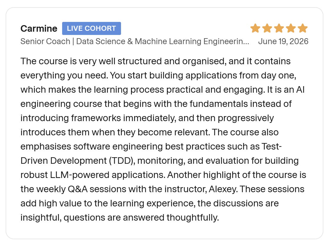 Carmine review from June 2026 praising structure and building from day one