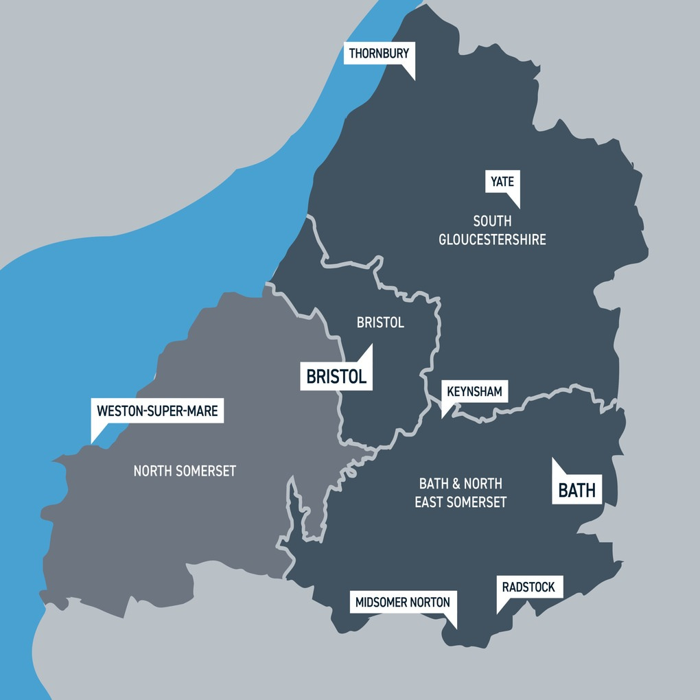 Map of the West of England Combined Authority area showing Bristol, South Gloucestershire, and Bath & North East Somerset in dark blue, with North Somerset shown separately in grey Map of the West of England Combined Authority area showing Bristol, South Gloucestershire, and Bath & North East Somerset in dark blue, with North Somerset shown separately in grey