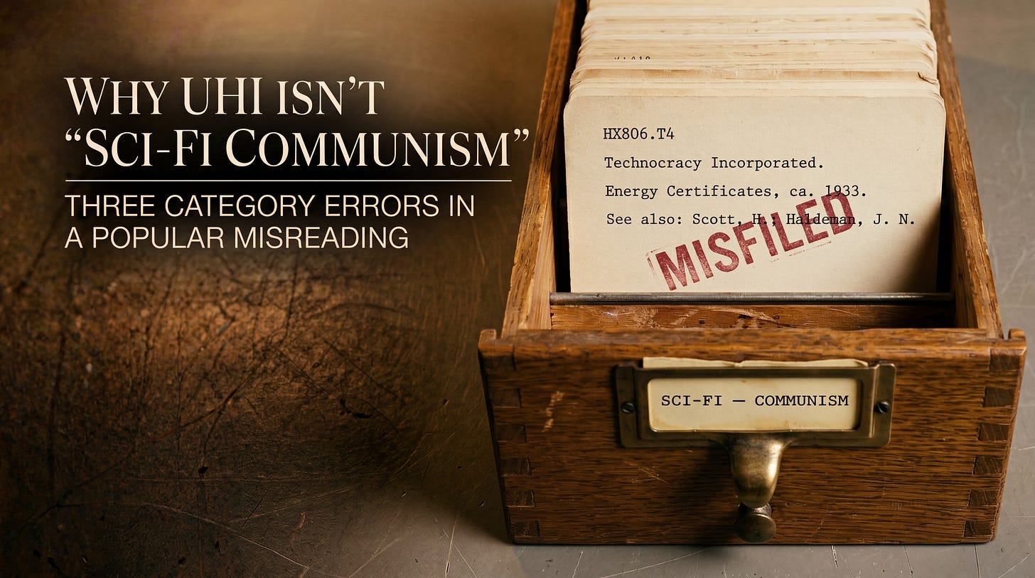 Library card catalog drawer labeled "Sci-Fi — Communism." The top card catalogs Technocracy Incorporated's 1933 Energy Certificates and is stamped "MISFILED" in red. Library card catalog drawer labeled "Sci-Fi — Communism." The top card catalogs Technocracy Incorporated's 1933 Energy Certificates and is stamped "MISFILED" in red.