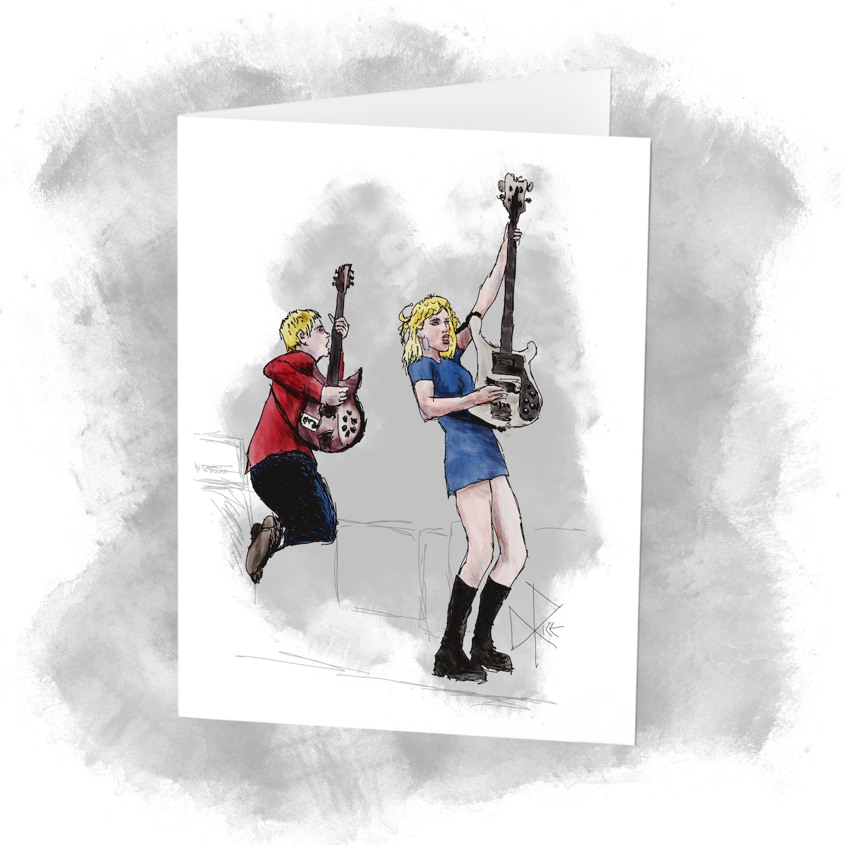 Playing on a stage as The Molotovs, Issey Cartlidge holds her bass guitar out vertically as her brother Matthew mirrors her pose but adds a leap into the air. Sketch art by Don Rice.