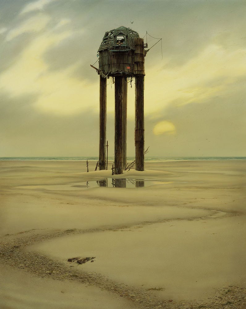 A tree house sits on tall wooden pilings above a smooth sandy beach. High up, a woman rests her arms over the window sill as she looks out. The window is set in the roof with a haphazardly constructed, asymmetrical overhang. The roof is shingled on one side of the window while the boards beneath are weathered and exposed on the other. The siding of the structure resembles an old water tower, with long vertical boards restrained with thin metal bands long since rusted. The sky is a wash of yellow and gray. The light has a dusky quality as clouds obscure a sun that sits low in the sky. A path of pebbles meanders river-like from the foreground in a loose zigzag until it reaches a puddle of water at the base of the watchtower. The ruined remains of a ladder stick out of the sand near the pilings. A tree house sits on tall wooden pilings above a smooth sandy beach. High up, a woman rests her arms over the window sill as she looks out. The window is set in the roof with a haphazardly constructed, asymmetrical overhang. The roof is shingled on one side of the window while the boards beneath are weathered and exposed on the other. The siding of the structure resembles an old water tower, with long vertical boards restrained with thin metal bands long since rusted. The sky is a wash of yellow and gray. The light has a dusky quality as clouds obscure a sun that sits low in the sky. A path of pebbles meanders river-like from the foreground in a loose zigzag until it reaches a puddle of water at the base of the watchtower. The ruined remains of a ladder stick out of the sand near the pilings.