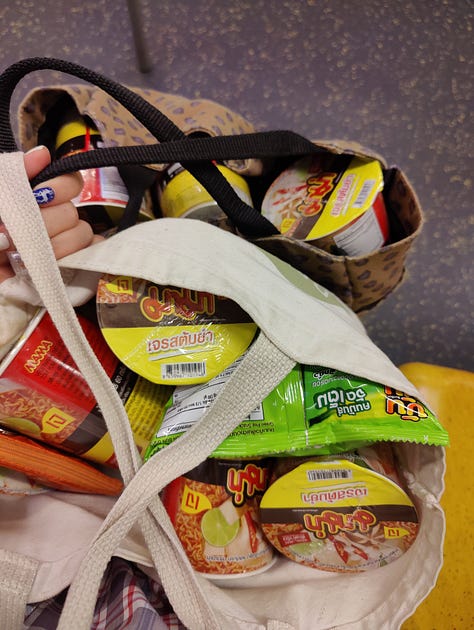 functional + fashionable souvenirs: Thai chili pastes, curry pastes, limited edition Kin Jay festival vegetarian Tom Yum ramen, second hand blouses, knock-off jibbitz and cute hair clips 