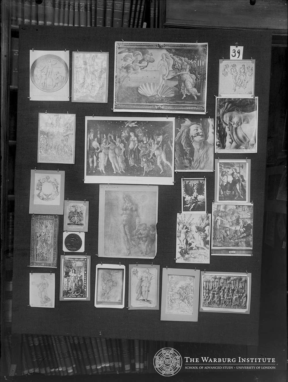 Aby Warburg's Bilderatlas Mnemosyne, panel 39: photographs of Botticelli's Birth of Venus and Primavera pinned among other images on a black panel Aby Warburg's Bilderatlas Mnemosyne, panel 39: photographs of Botticelli's Birth of Venus and Primavera pinned among other images on a black panel
