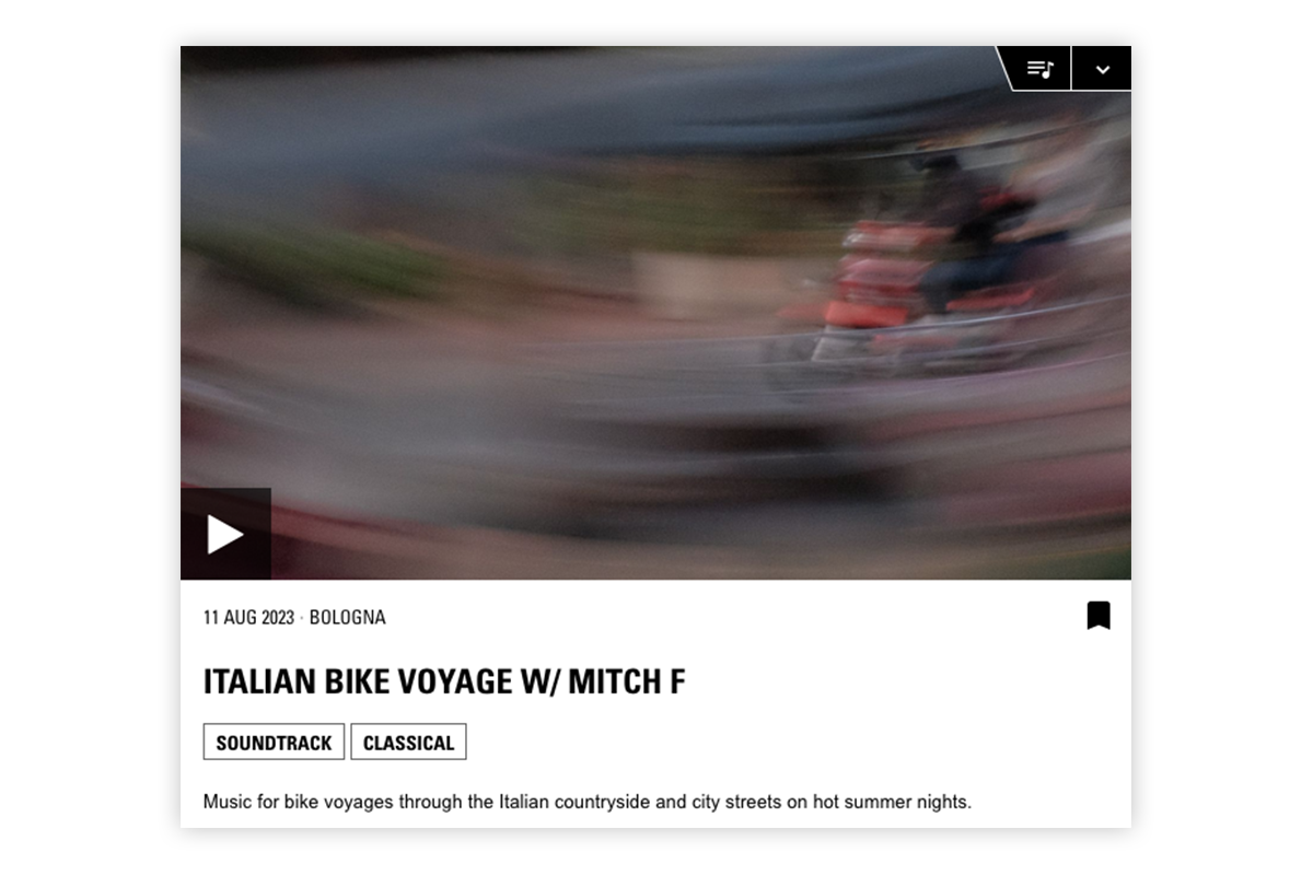 Screenshot of an NTS mix called "Italian Bike Voyage." The preview image is blurry and shows a person riding a red motorcycle. Screenshot of an NTS mix called "Italian Bike Voyage." The preview image is blurry and shows a person riding a red motorcycle.