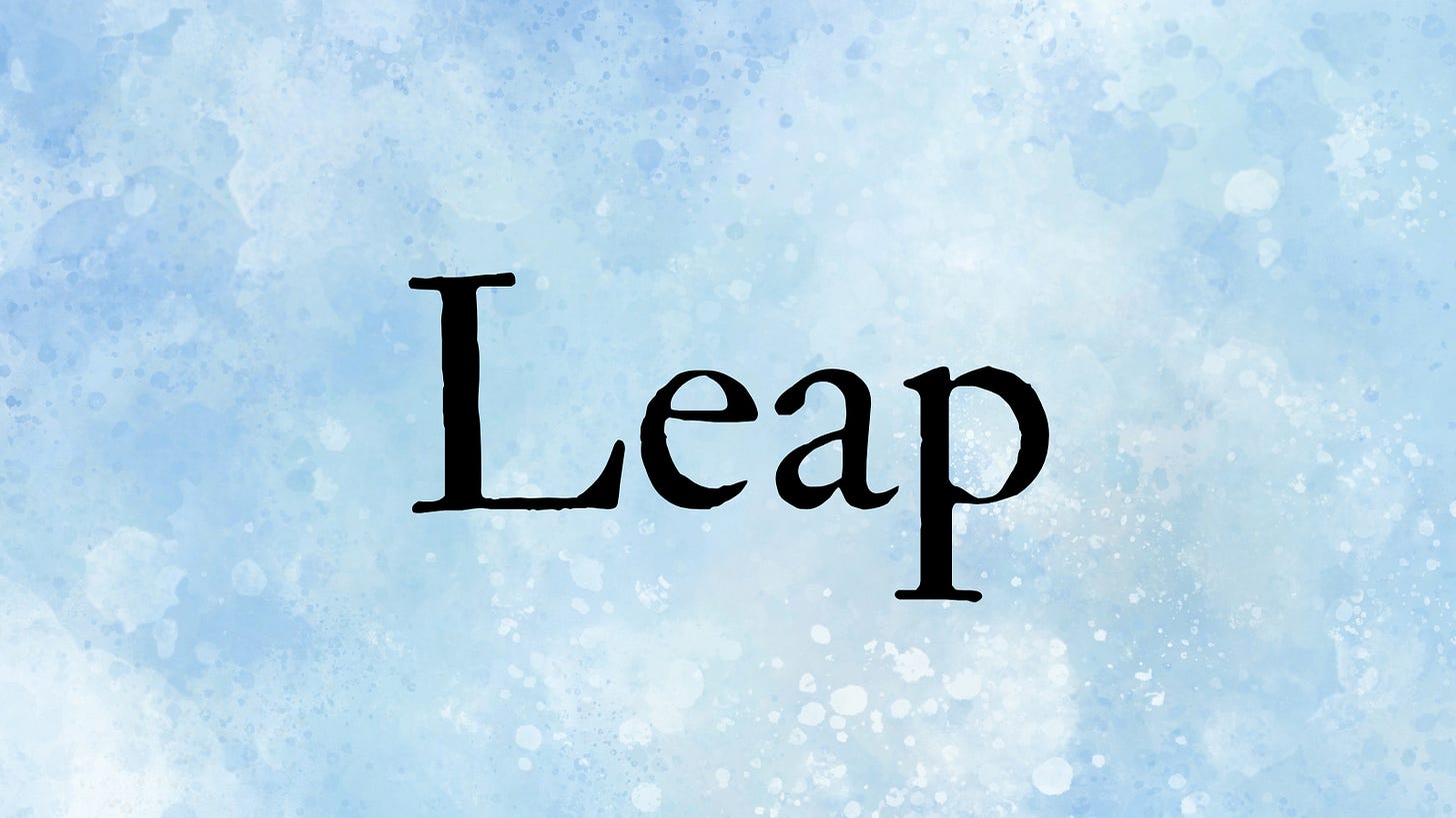 A blue marbled background with the word 'Leap' in slightly old-fashioned serif text.