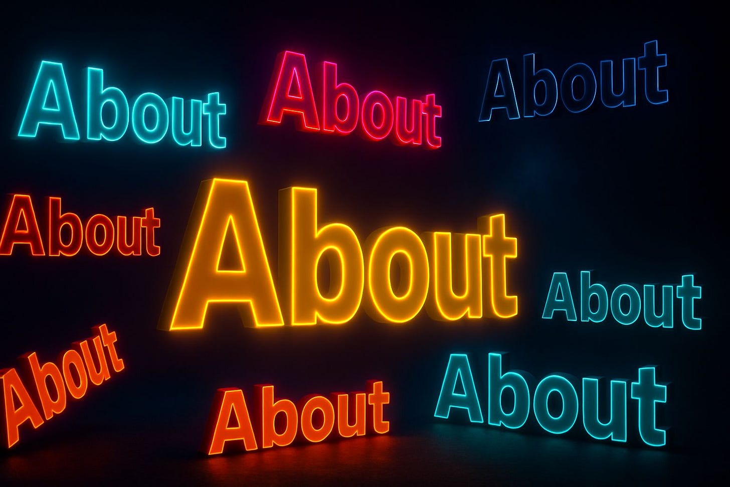 Multiple neon "About" in block letters Multiple neon "About" in block letters