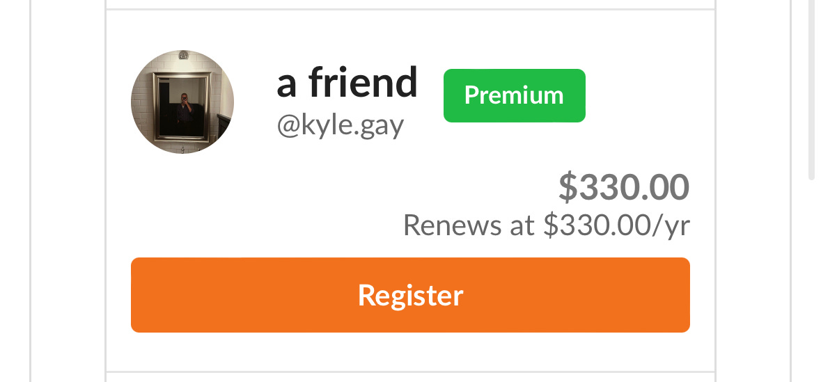 A screenshot of a website shows text suggesting that the user can "Register" the domain "kyle.gay" for use on the app Bluesky at a cost of $330.00