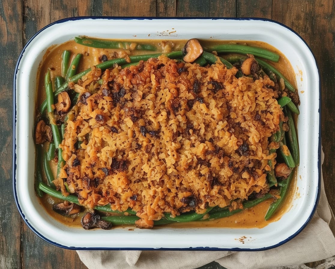 Green Bean Casserole in white baking dish