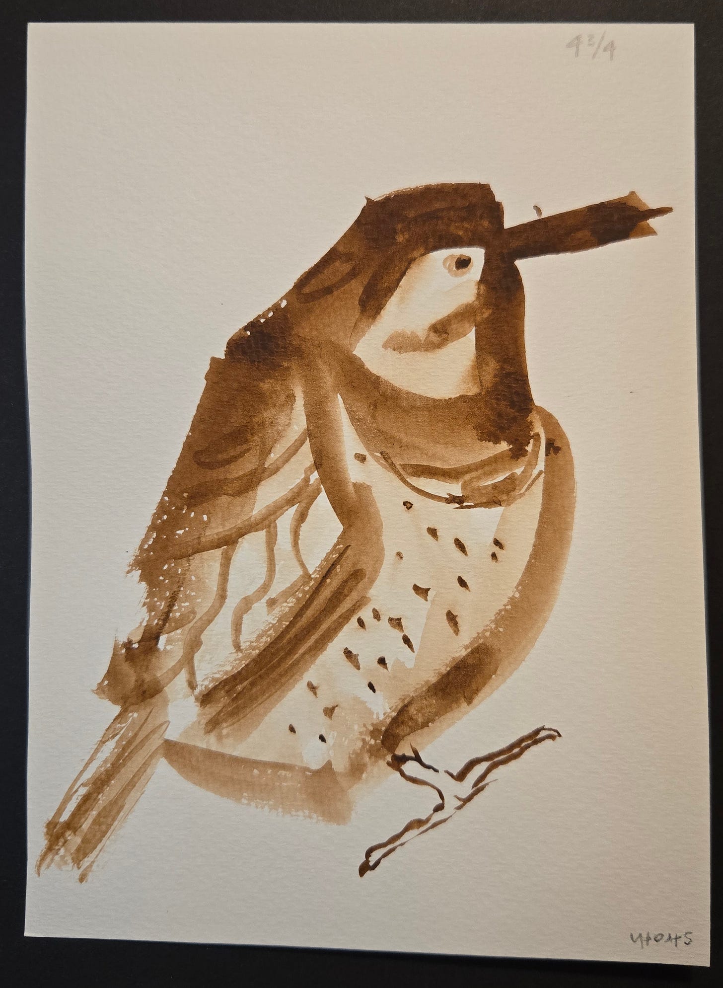 Sepia-toned watercolor painting of a perched bird, created with bold brushstrokes and simple lines.