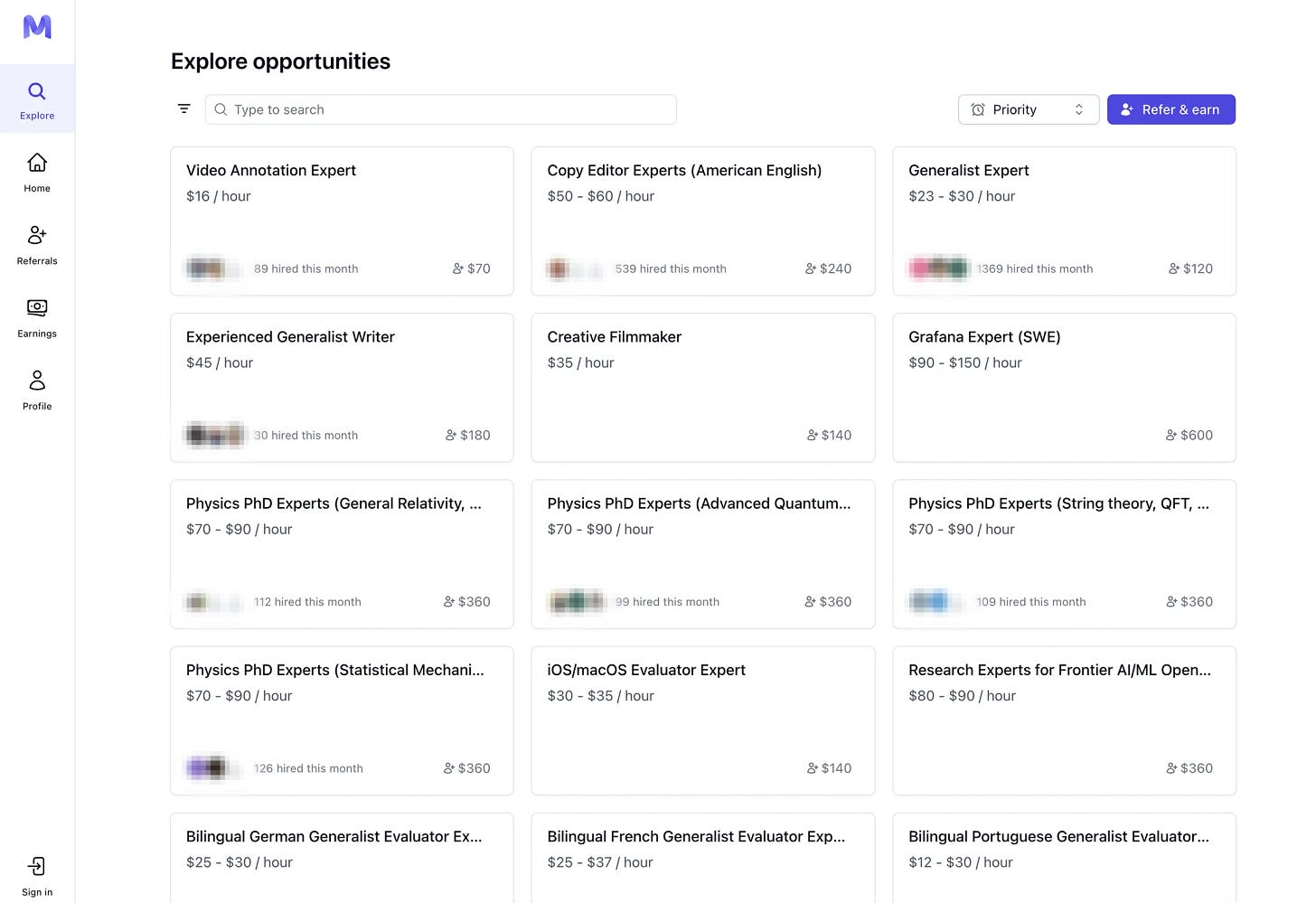 Screenshot of some of the job listings on Mercor’s website.