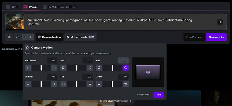 Screenshot of the Runway user interface with Camera Motion