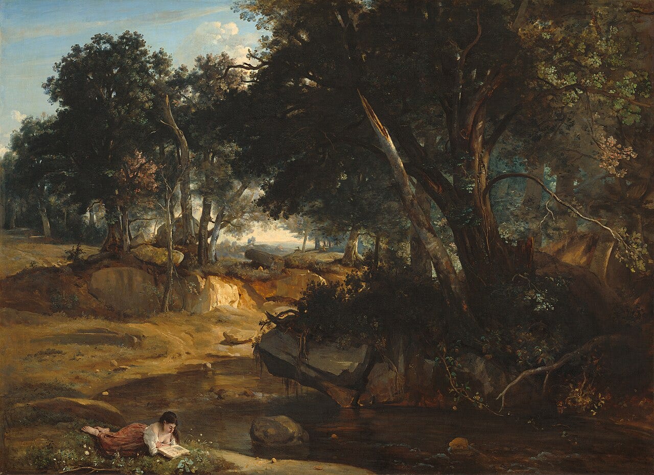 A clearing in a dense green forest with a pond and a resting figure under large trees A clearing in a dense green forest with a pond and a resting figure under large trees