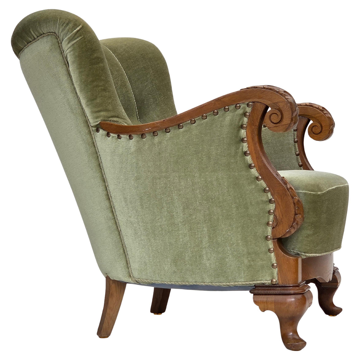 1960s, Danish armchair, green furniture velour, carved oak wood. For Sale