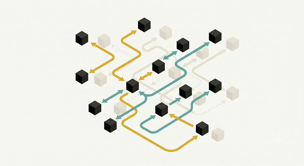 A dozen small matte-black cubes scattered irregularly across a clean, light neutral background, connected by curving accent-colored arrows that branch, cross, and loop back on themselves, with no clear start or end. Meant to illustrate the complexity of an AI system. A dozen small matte-black cubes scattered irregularly across a clean, light neutral background, connected by curving accent-colored arrows that branch, cross, and loop back on themselves, with no clear start or end. Meant to illustrate the complexity of an AI system.