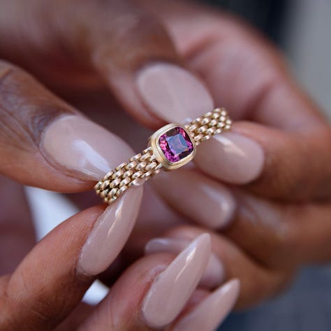 Paris favourites and Melee jeweller's jewels: a chainmail ring by Alex Fitx, Whitebird jewellery store, a necklace by Mariko Tsushiyama, breakfast at Sain boulangerie, sapphire shield ring by Universal Deco, Lauren Wolf and Rebecca Overmann, founders of Melee the Show.