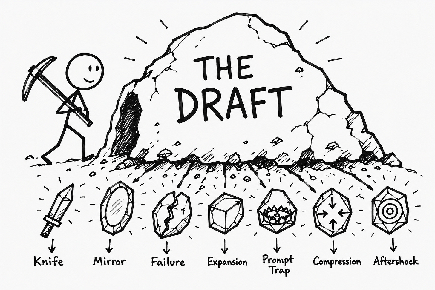 Stick figure with a pickaxe mining a large rock labeled "THE DRAFT," with seven gems emerging from below labeled Knife, Mirror, Failure, Expansion, Prompt Trap, Compression, and Aftershock. Illustrates the Substack Notes extraction framework — turning one newsletter post into seven distinct Notes types for content repurposing.