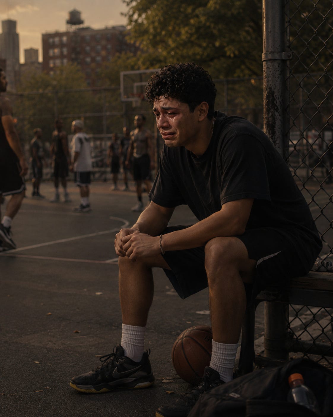 A young man sits crying at the edge of an outdoor basketball court while other players move in the background. The scene includes a chain-link fence, painted court lines, a basketball, benches, city buildings, and late afternoon light.