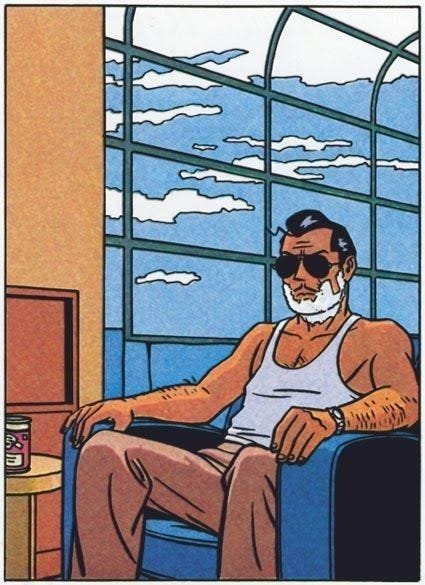 This may contain: a man with a beard sitting in a chair next to a window looking out at the ocean