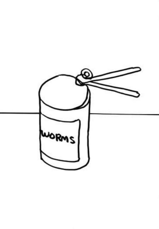 A postcard showing a can of worms being opened by a tin opener