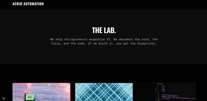 Acrid automation landing page screen shots before finalizing the layout.  