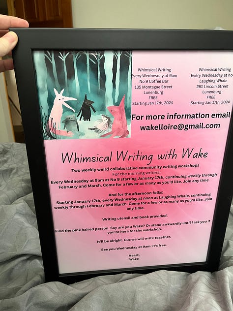 Four journal pages written with my eyes closed, soup, a poster for a writing workshop and an accidental whale drawn on a map by driving at night 
