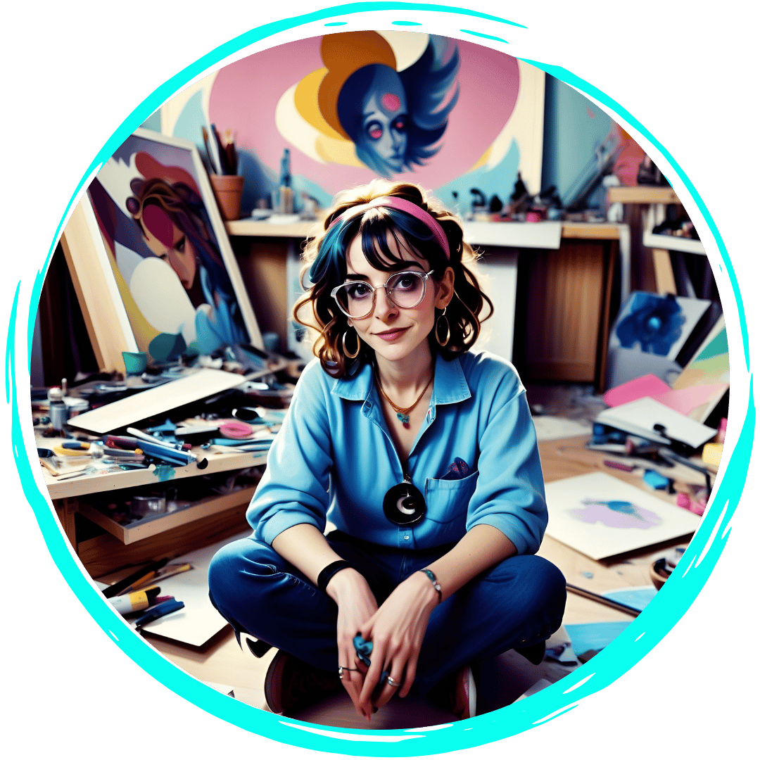 A digital illustration of a young woman sitting cross-legged on the floor of an art studio, surrounded by art supplies and paintings. She has a thoughtful expression, wearing large round glasses and a blue shirt with rolled-up sleeves, accessorized with a large circular pendant necklace and a headband. Her wavy brown hair with blue highlights complements her artistic environment. The background features colorful paintings, including a prominent one with a surreal face. The artwork is enclosed in a circular frame with a bold turquoise border.