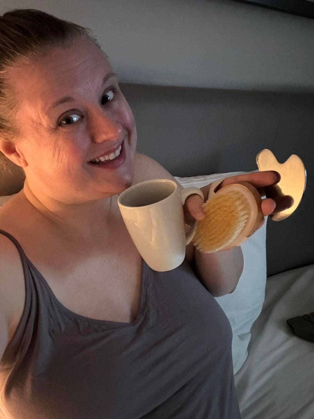 May be an image of 1 person, sleepwear, oatmeal cookies and coffee cup
