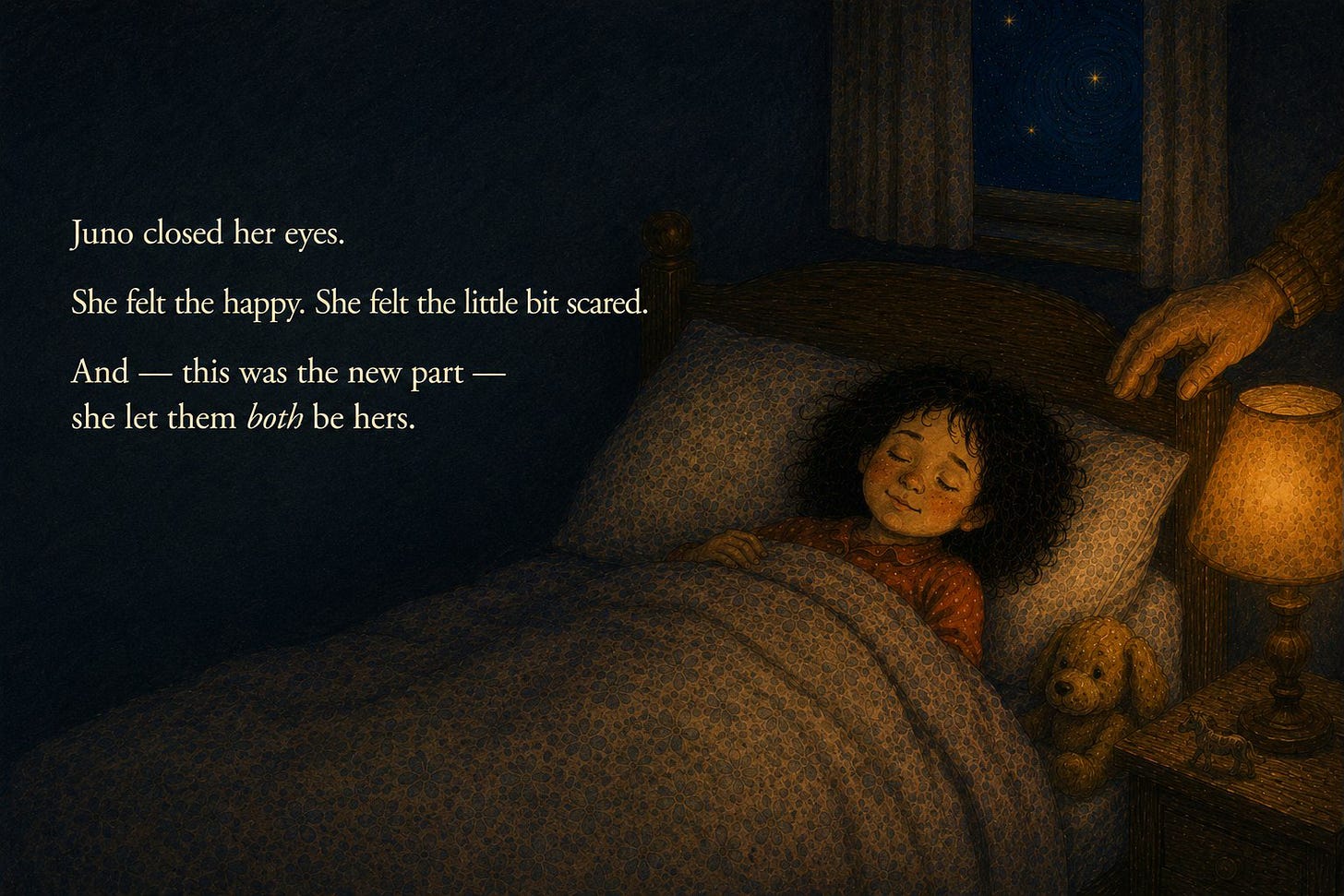 Juno closed her eyes. She felt the happy. She felt the little bit scared. And, this was the new part, she let them both be hers. Juno sleeps peacefully as Grandpa's hand reaches to turn off the lamp.