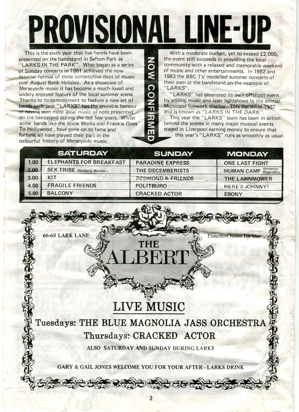 Page 2 of the Larks 1985 programme with a "provisional line-up" listing Elephants for Breakfast, Sex Tribe, Kit, Fragile Friends, Balcony, Paradine Express, The Decemberists, Redmond & Friends, Politburo, Cracked Actor, One Last Fight, Human Camp, The Lawnmower, Here's Johnny! and Ebony.