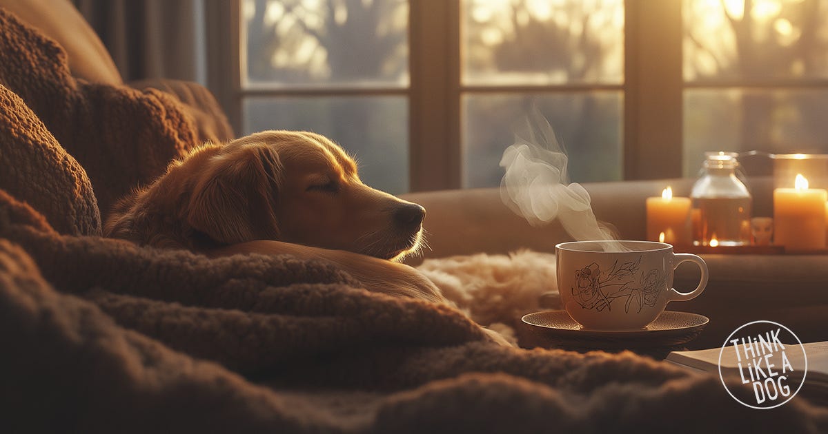 Golden retriever peacefully resting on a cozy blanket beside a steaming cup of tea, surrounded by candlelight. A THiNK LiKE A DOG moment of relaxation, healing, and mindfulness.
