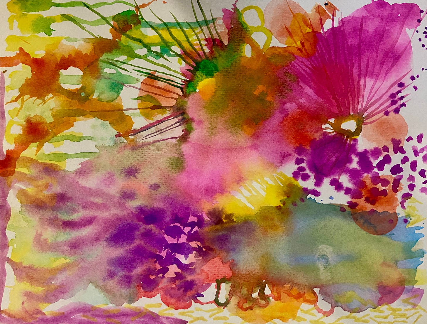 A colourful watercolour painting with splashes of purple, magenta, yellow, green, blue and orange. Washes of colour cover the page. Dots are layered in some sections. Others show radiating lines. There is energy and life in the painting. A colourful watercolour painting with splashes of purple, magenta, yellow, green, blue and orange. Washes of colour cover the page. Dots are layered in some sections. Others show radiating lines. There is energy and life in the painting.