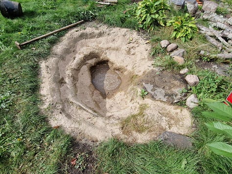 Stages of pond digging and filling with water