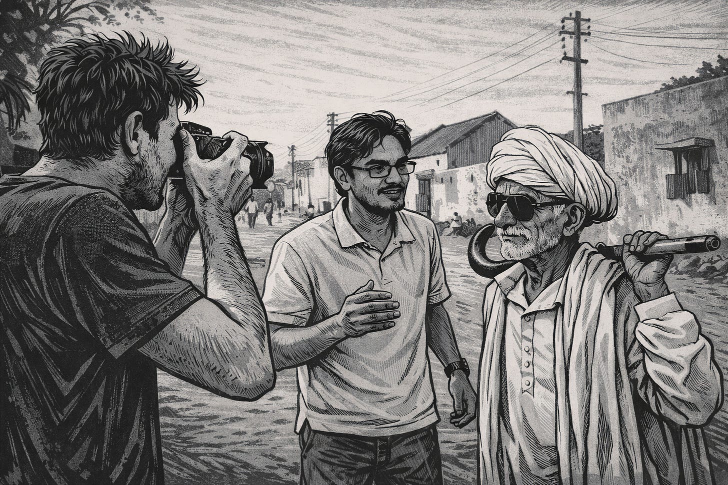 A photographer takes a picture of an elderly man in traditional attire and sunglasses, while another man stands beside them, gesturing as if explaining something on a village street.
