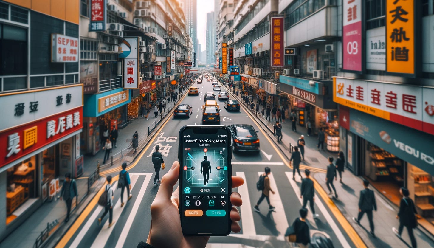 The hand holding the phone is even higher up. The street is even busier.