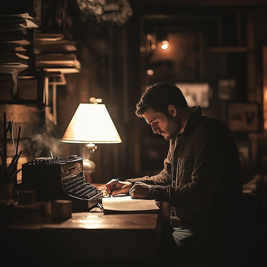 A writer writing by hand at a desk. There is a vintage typewriter in front of him.