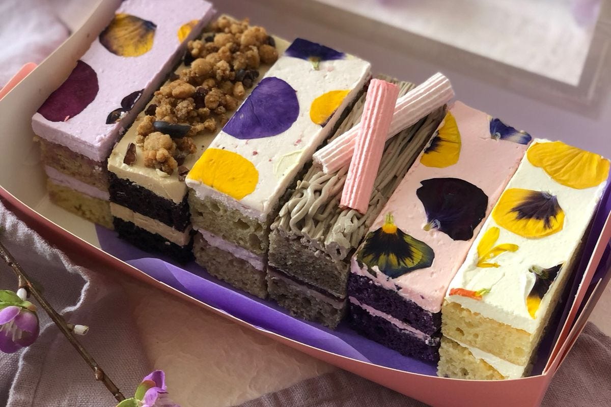 A box of cakes at Flouring bakery in Los Angeles.