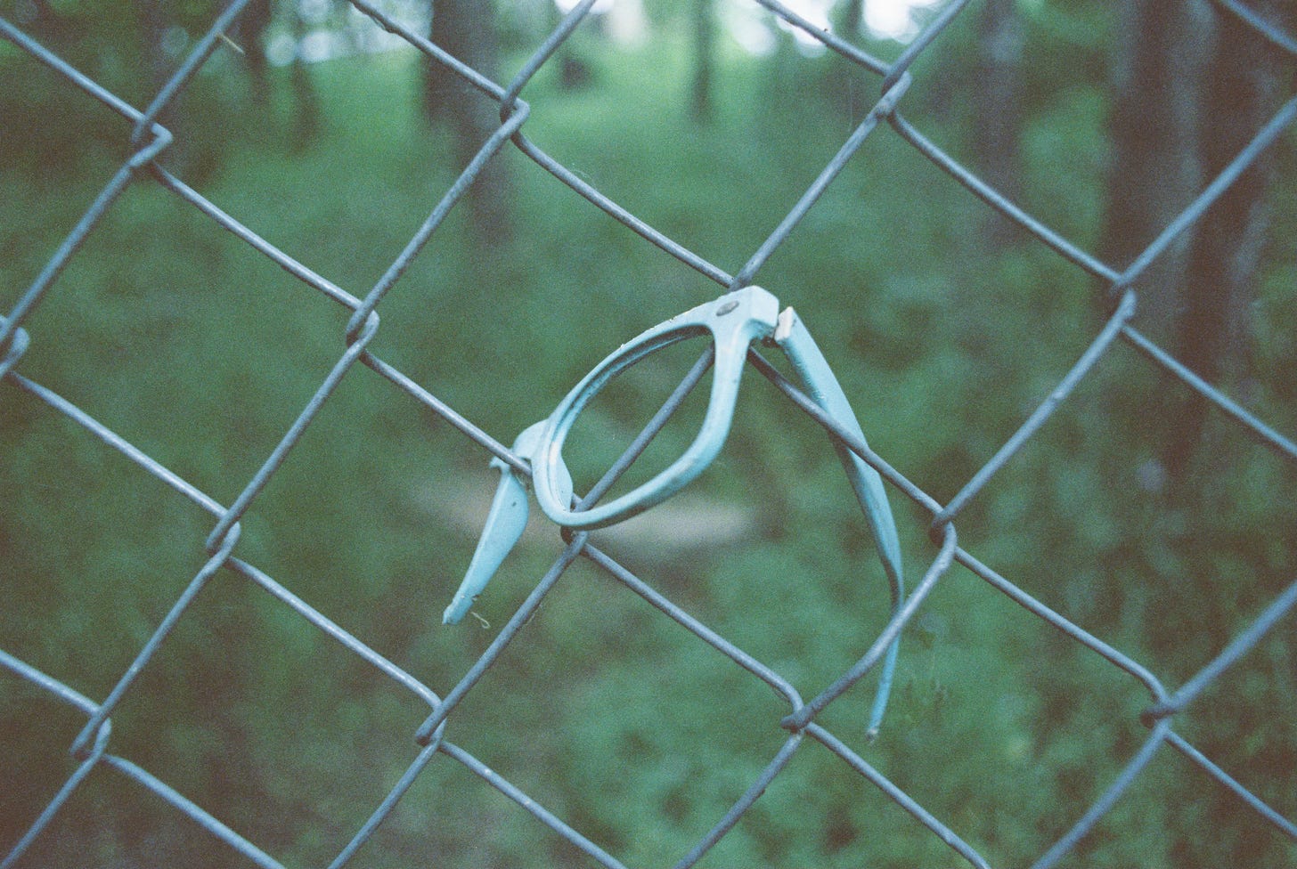 Photo of lens-less blue sunglasses hanging a fence behind which can be seen a green lot