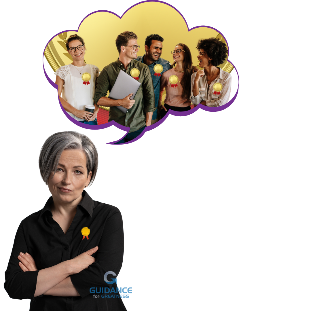 Professional woman with short gray hair and crossed arms wearing a black collared shirt with a small award ribbon pin, with a thought bubble above her head containing a diverse group of five smiling colleagues, each wearing larger golden medal ribbons, representing the concept of a leader thinking about team recognition and shared success.