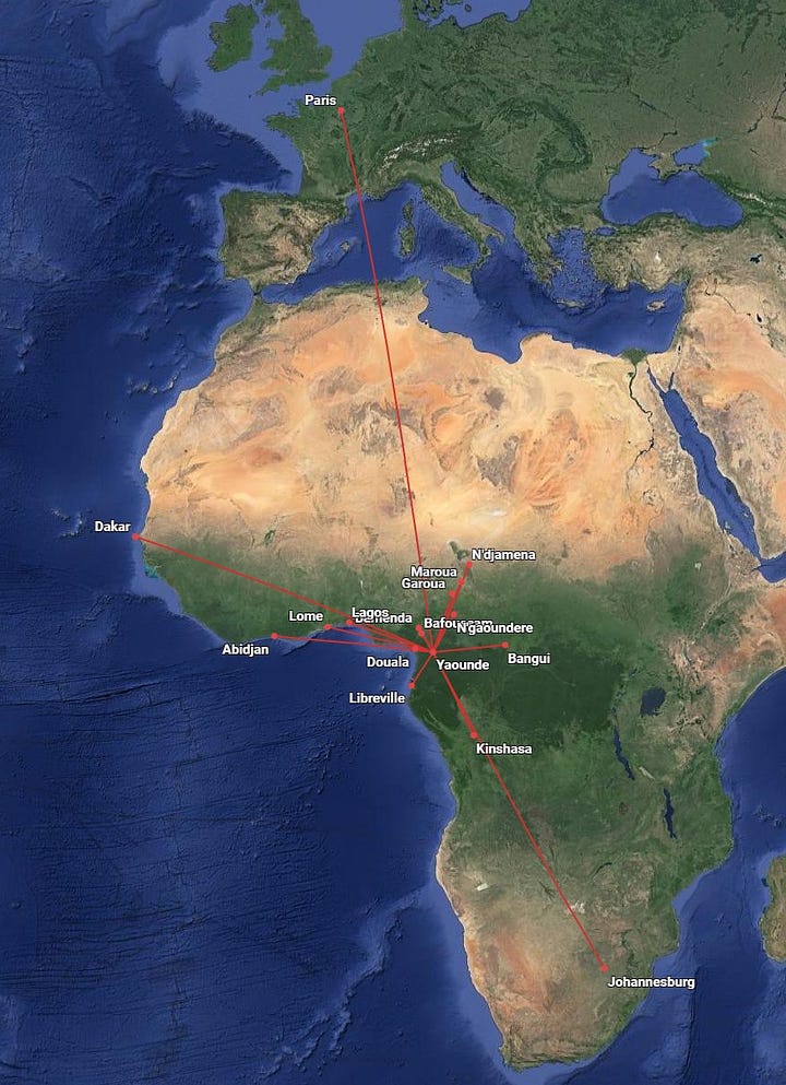 Camerounais Airlines route maps depicting routes from (L) Douala-DLA and (R) Yaoundé-NSI.