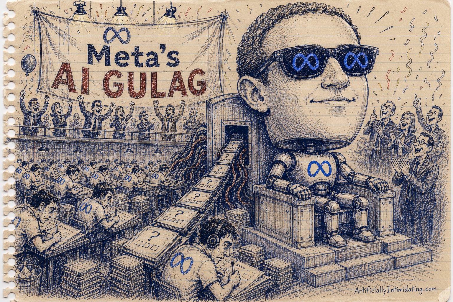 AI-generated editorial cartoon showing a giant bobblehead robot resembling Mark Zuckerberg wearing Meta smart glasses and sitting on a throne while exhausted Meta engineers handwrite training questions and feed them into the machine. Above the crowded factory floor hangs a celebratory banner reading "Meta's AI Gulag," while executives and onlookers cheer the supposed superintelligence breakthrough.