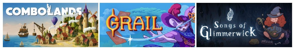 Key art for the following games: Combolands, Grail, and Songs of Glimmerwick