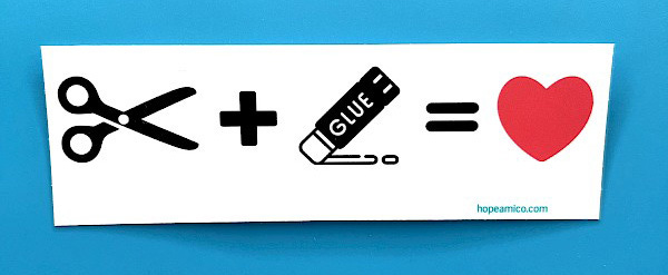 Graphic of scissors plus glue equals a red heart on a blue background. Graphic of scissors plus glue equals a red heart on a blue background.