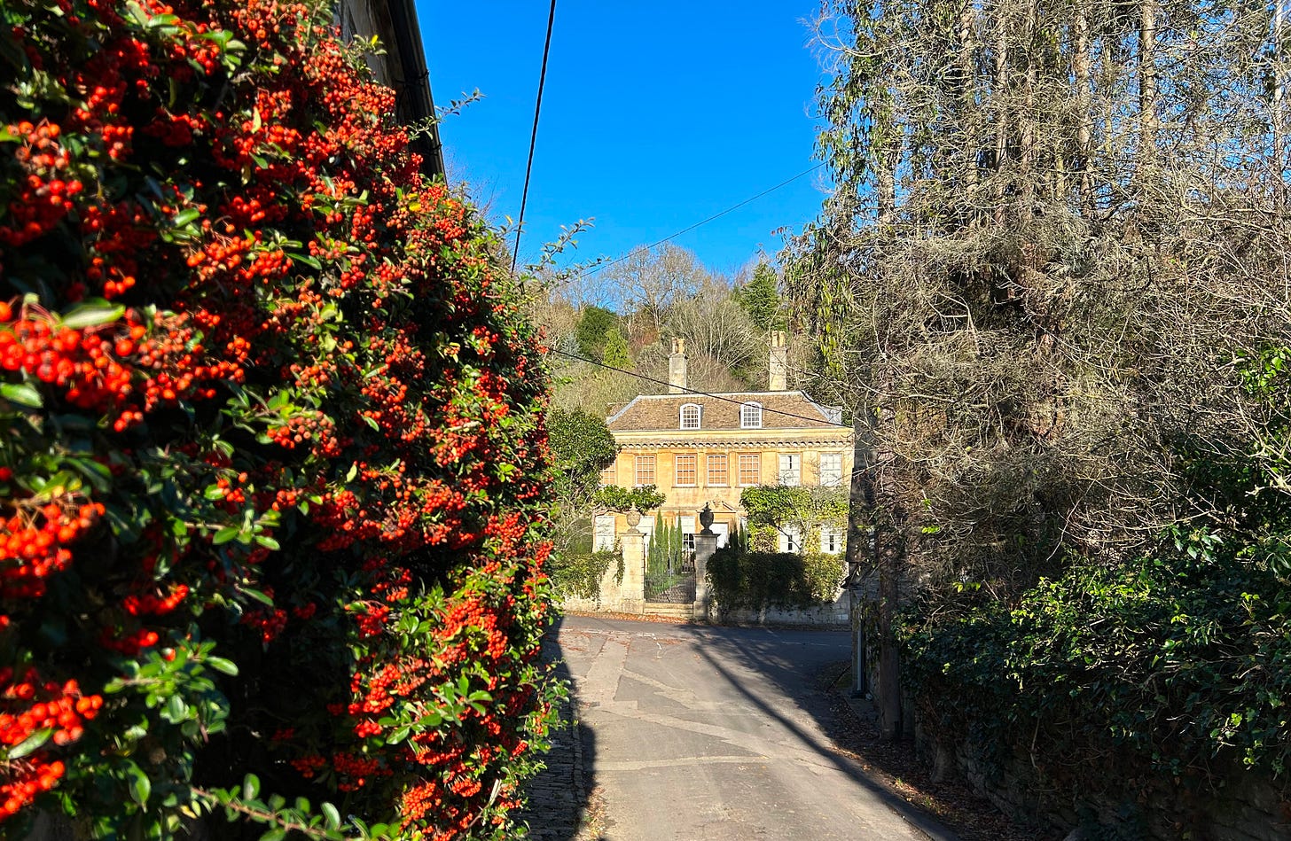 The Georgian front of Turleigh Manor House can be view from Green Lane. Red berries are on the left of the photo belonging a cottage in the lane. The sky is blue and cloud-free. It's a lovely sunny day in late autumn. Phot: Roland Millward. The Georgian front of Turleigh Manor House can be view from Green Lane. Red berries are on the left of the photo belonging a cottage in the lane. The sky is blue and cloud-free. It's a lovely sunny day in late autumn. Phot: Roland Millward.