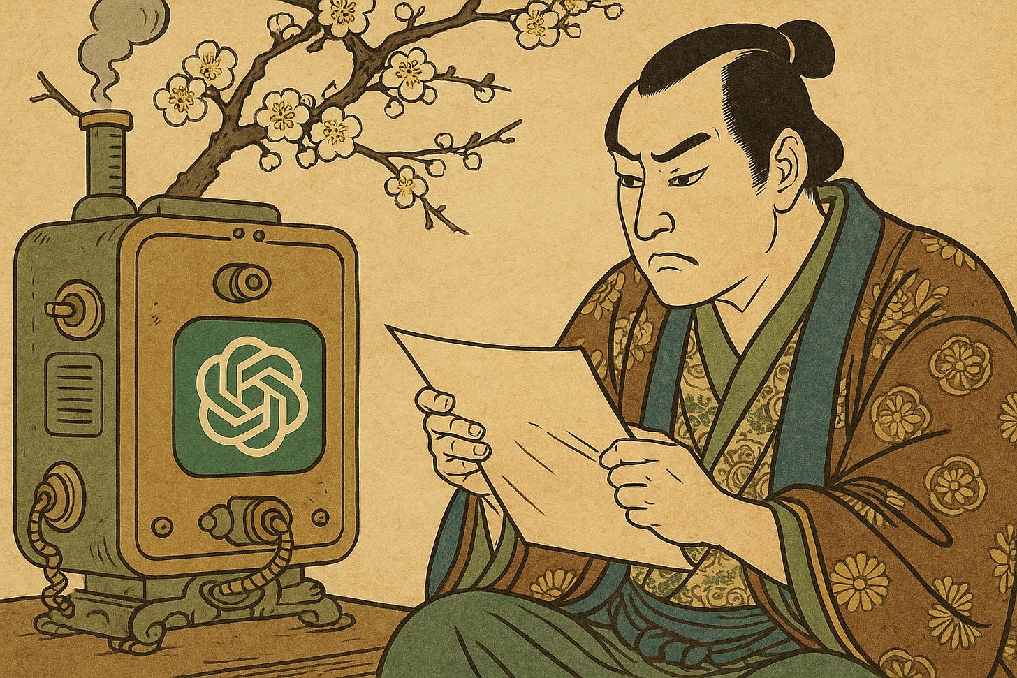 Ilustración ukiyo-e japonesa de un emprendedor estudiando un pergamino frente a una máquina tradicional que lleva el logo de ChatGPT, representando la unión entre disciplina y tecnología para crear negocios paralelos.