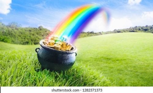 Pot at the end of the rainbow with gold coins on the grass /3D Render, illustration Stock Illustration