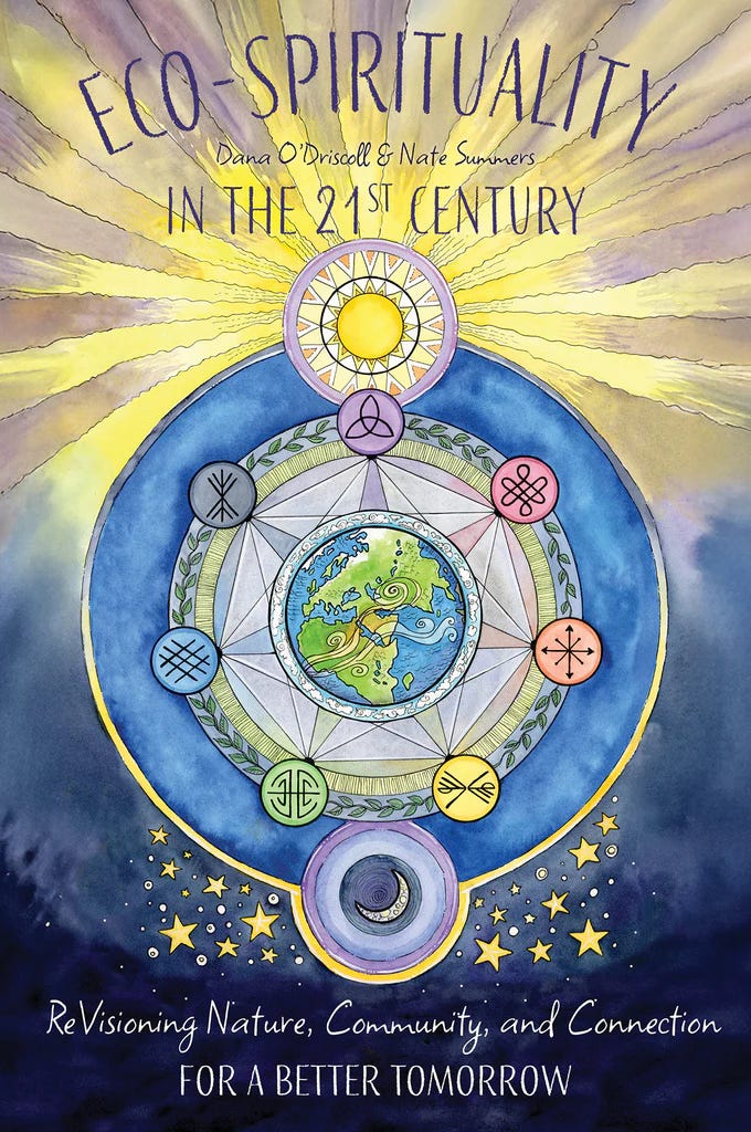 The cover of Eco-Spirituality in the 21st Century: ReVisioning Nature, Community, and Connection for a Better Tomorrow, showing a colourful drawing of planet earth, the sun and rays of sunshine, and symbols connecting 7 points around the earth